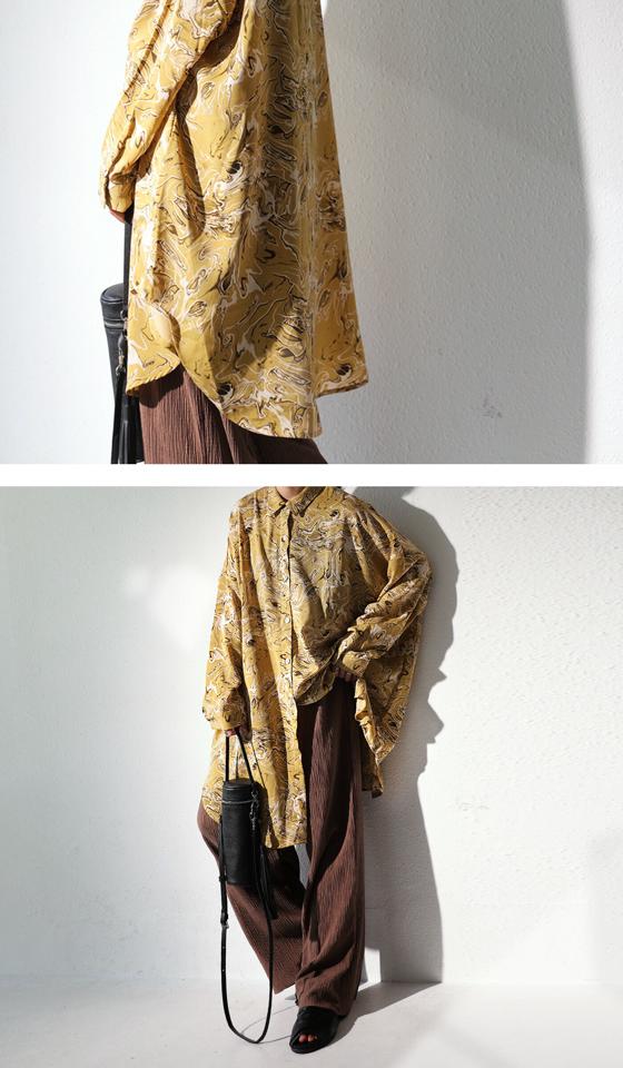 マーブル柄シャツ シャツ レディース トップス 柄 ロング・メール便不可