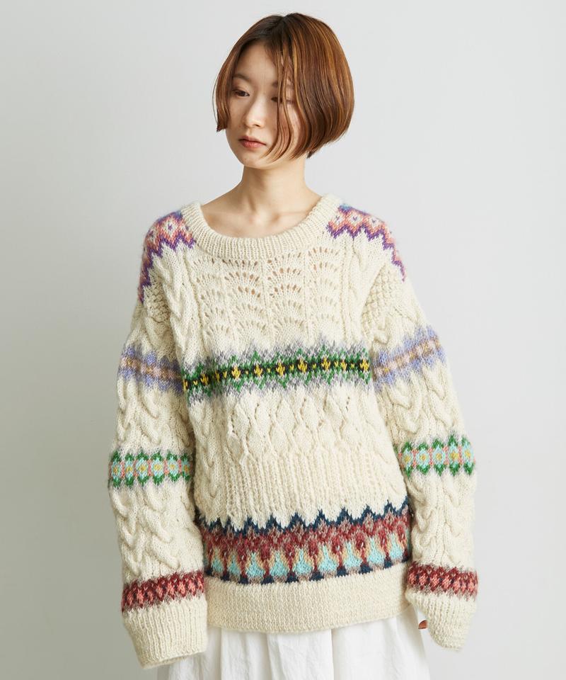 ○ケーブル×編み込み柄ハンドニット長袖プルオーバー（cardo fabrica）