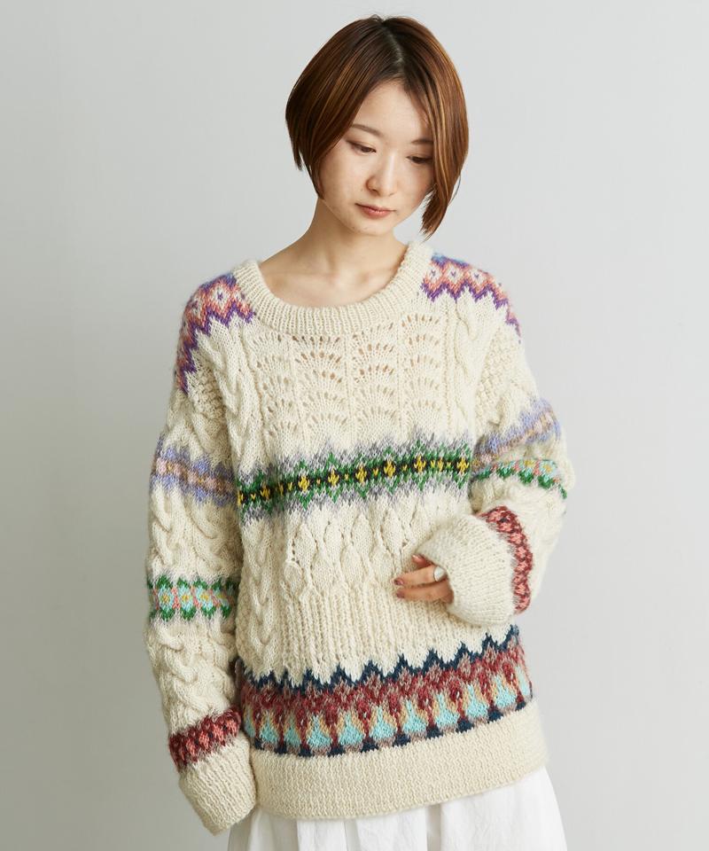 ○ケーブル×編み込み柄ハンドニット長袖プルオーバー（cardo fabrica）