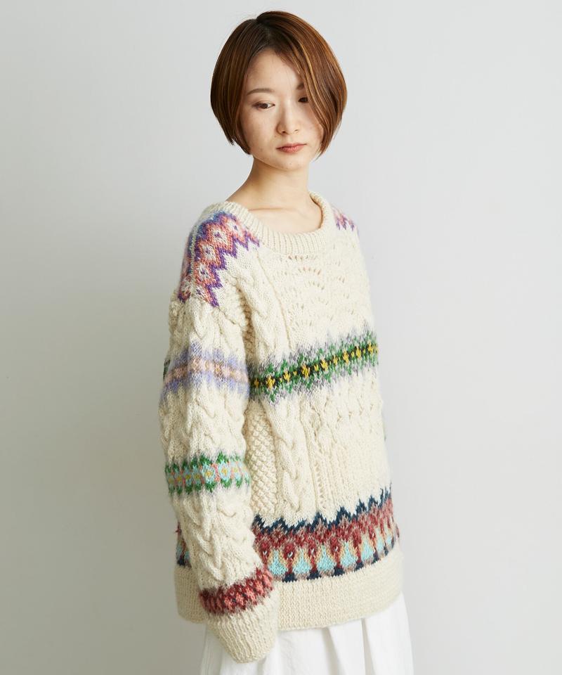 ○ケーブル×編み込み柄ハンドニット長袖プルオーバー（cardo fabrica）