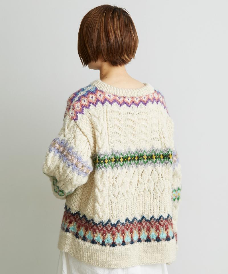 ○ケーブル×編み込み柄ハンドニット長袖プルオーバー（cardo fabrica）