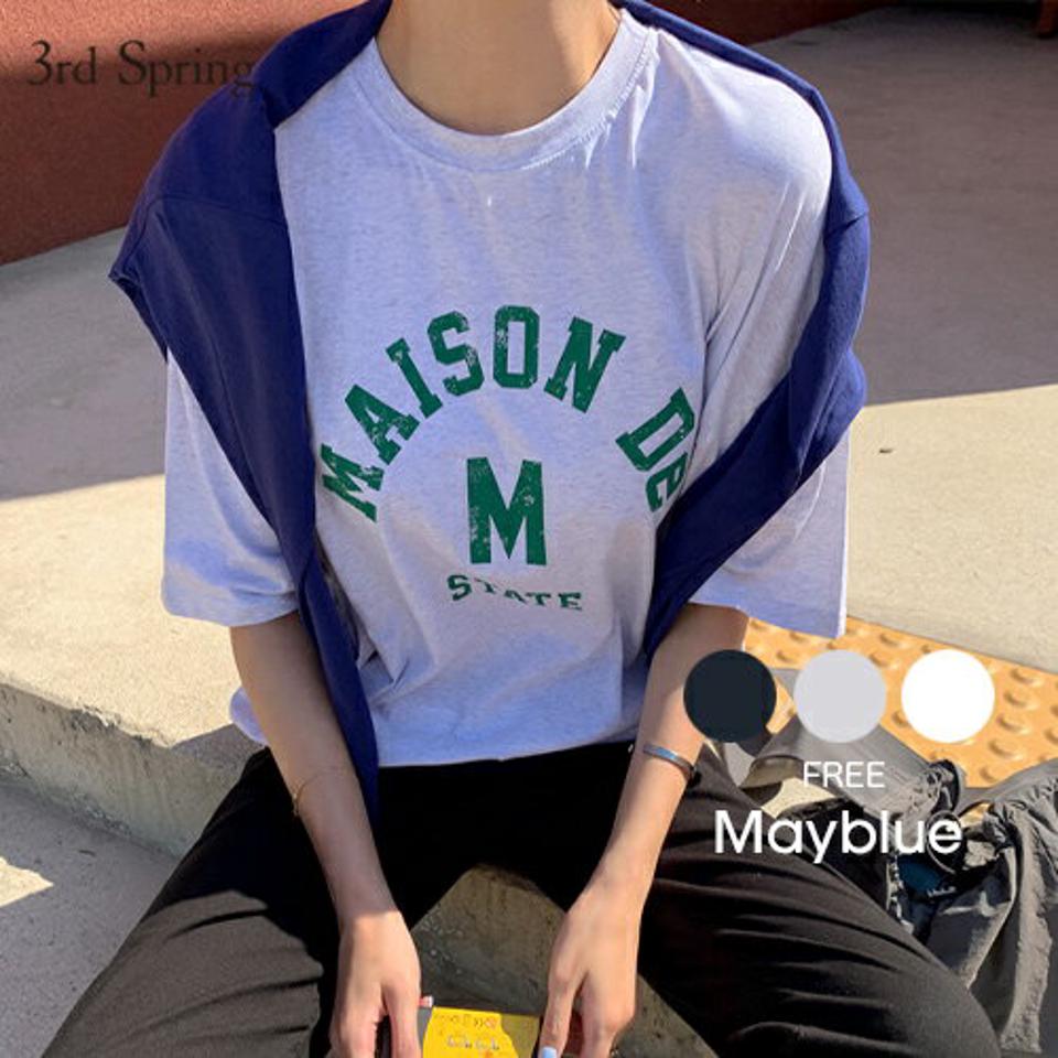 mayblue(メイブルー)ロゴプリント6分袖スウェット【8/11up_ka】【メール便】韓国 韓国ファッション　レディース トップス Tシャツ ロゴプリント 6分袖 スウェット ヴィンテージ感 こなれ感 コットン100 夏 着回しレディース ファッション【7】