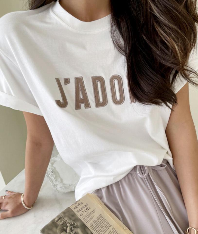 NANING9(ナンニング)J'ADORE Tシャツ【8/10up_ka】【メール便】韓国 韓国ファッション レディース トップス Tシャツ ロールアップ ワッペン レタリング ラウンドネック 丸首 着回し 夏レディース ファッション【5】