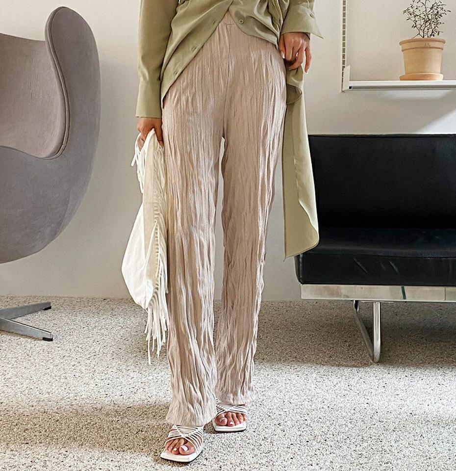 リンクルストレートパンツ・全3色・t62598 レディース 【pt】韓国 ファッション ボトムス ロング ロングパンツ ベーシック ゴム ストレート リンクル ハイウエスト ルーズ ゆったり 楽ちん 体型カーバー 細身 足長 着痩せ 夏 春