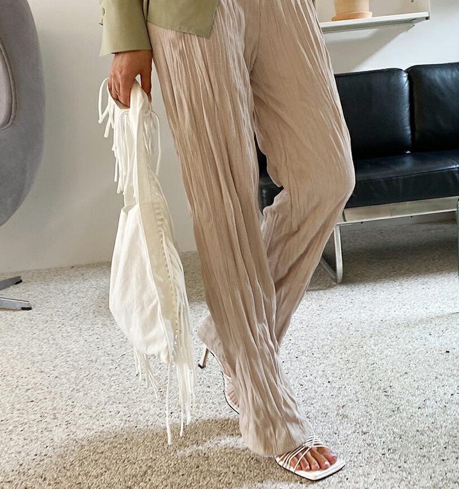 リンクルストレートパンツ・全3色・t62598 レディース 【pt】韓国 ファッション ボトムス ロング ロングパンツ ベーシック ゴム ストレート リンクル ハイウエスト ルーズ ゆったり 楽ちん 体型カーバー 細身 足長 着痩せ 夏 春