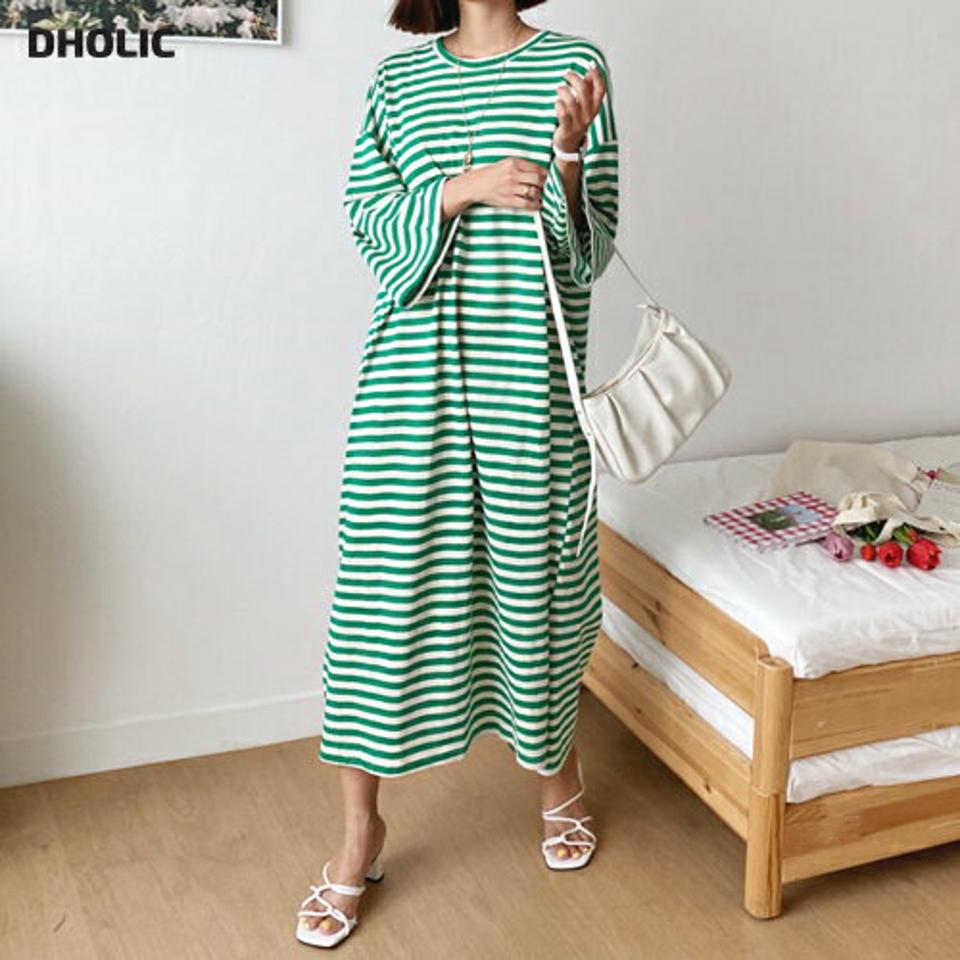ボーダーTシャツロングワンピース・全3色・t62592 レディース 【ops】韓国 ファッション ワンピース ロング ロングワンピース 長袖 メリハリ ボーダー 配色 Tシャツ コットン デイリー ゆったり Hライン 体型カバー スリット ラウンドネック 夏 春