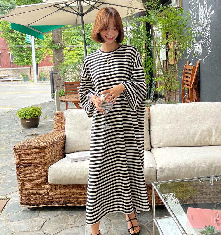 ボーダーTシャツロングワンピース・全3色・t62592 レディース 【ops】韓国 ファッション ワンピース ロング ロングワンピース 長袖 メリハリ ボーダー 配色 Tシャツ コットン デイリー ゆったり Hライン 体型カバー スリット ラウンドネック 夏 春