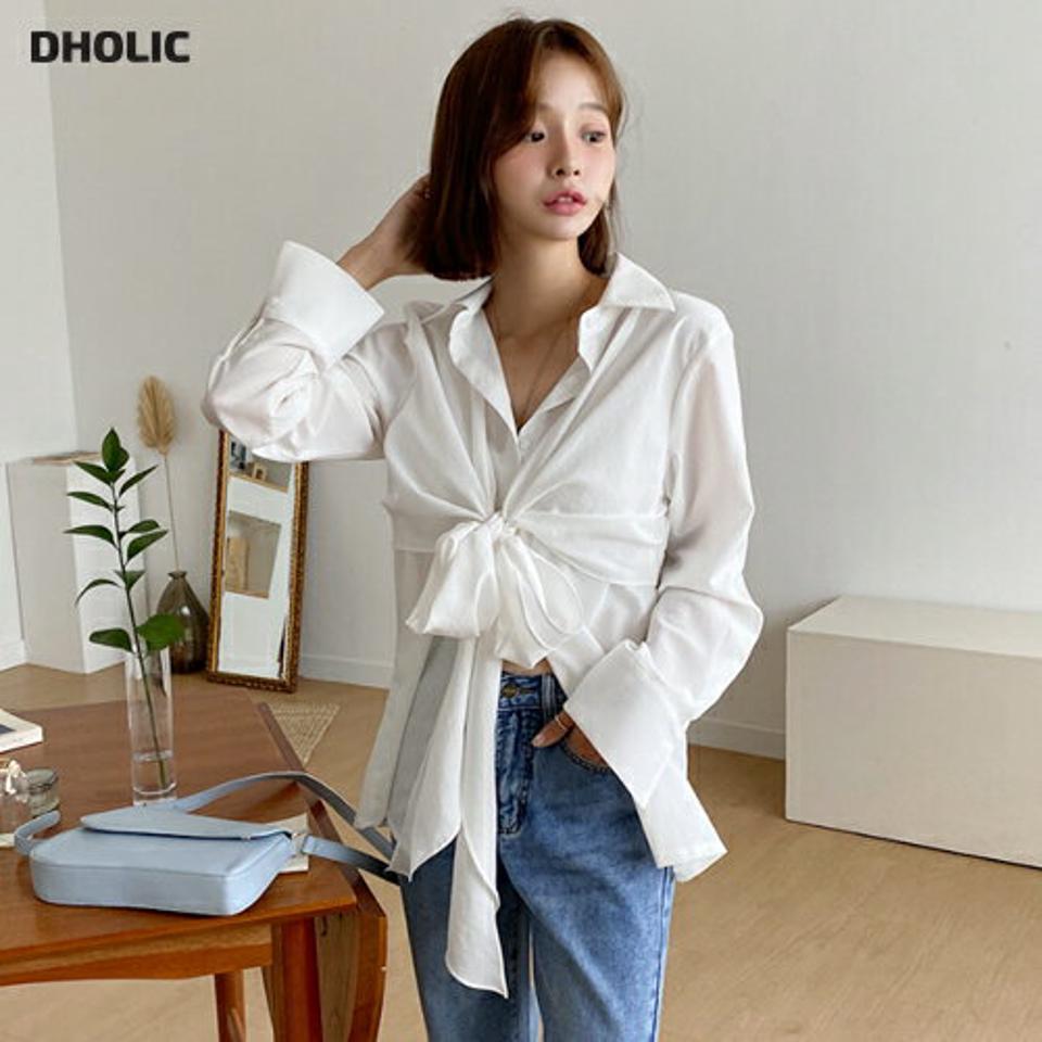 2WAYラップシャツブラウス・全2色・b62587 レディース 【bl】韓国ファッション トップス ブラウス 長袖 ルーズ ゆったり ラップデザイン ユニーク シャツ ボタン ワイドリボン リボン クロス 2WAY フェミニン 上品 スリム 秋 夏 春