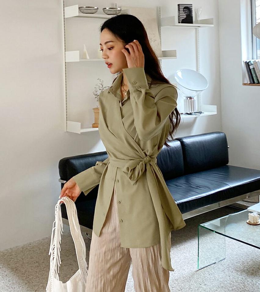 2WAYラップシャツブラウス・全2色・b62587 レディース 【bl】韓国ファッション トップス ブラウス 長袖 ルーズ ゆったり ラップデザイン ユニーク シャツ ボタン ワイドリボン リボン クロス 2WAY フェミニン 上品 スリム 秋 夏 春