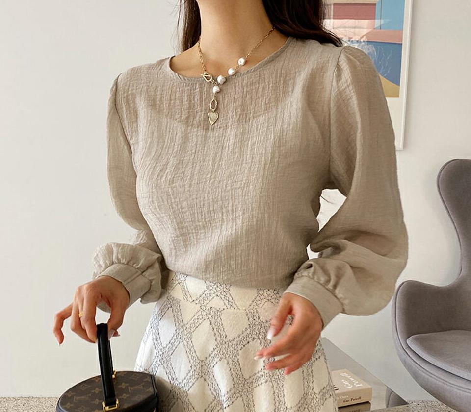 リネン混ラウンドネックブラウス・全3色・b62586 レディース 【bl】韓国ファッション トップス ブラウス 長袖 ルーズ ゆったり リネン シワ やわらかい ラウンドネック 透け感 フェミニン 上品 スリム 秋 夏 春