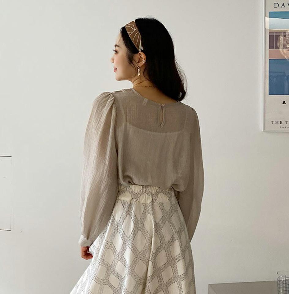 リネン混ラウンドネックブラウス・全3色・b62586 レディース 【bl】韓国ファッション トップス ブラウス 長袖 ルーズ ゆったり リネン シワ やわらかい ラウンドネック 透け感 フェミニン 上品 スリム 秋 夏 春