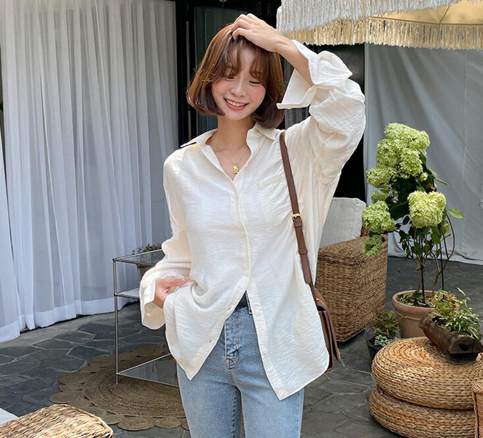 ルーズフィットポケットシャツ・全5色・t62585 レディース 【bl】韓国ファッション トップス シャツ 長袖 ルーズ ゆったり ラウンドカット オフィスカジュアル オフィス ボタン フェミニン 上品 スリム 秋 夏 春