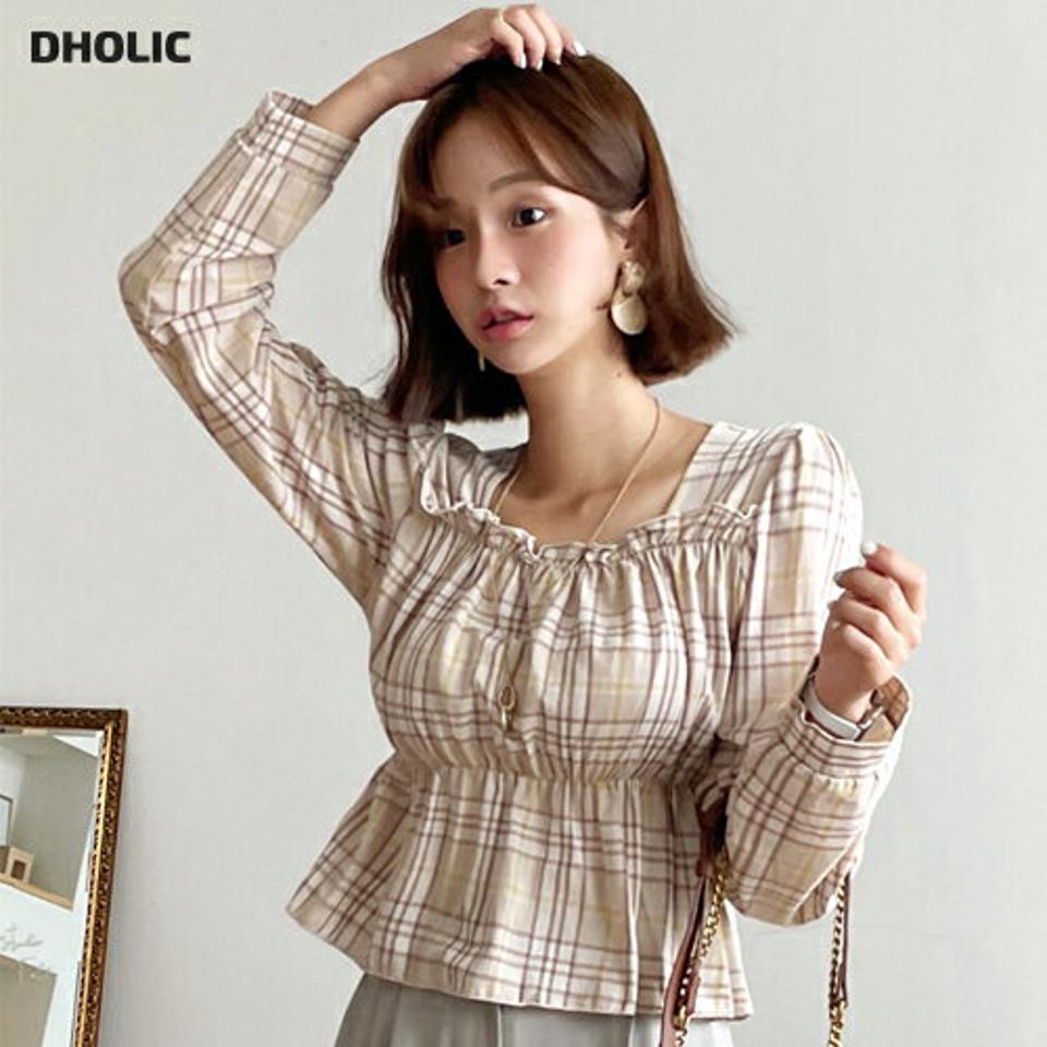 フリルギャザーチェックブラウス・全4色・t62583 レディース 【bl】韓国 ファッション トップス ブラウス 長袖 チェック パターン ガーリー スクエアネック フリル ゴム フェミニン 上品 スリム 秋 デコルテ 夏 春