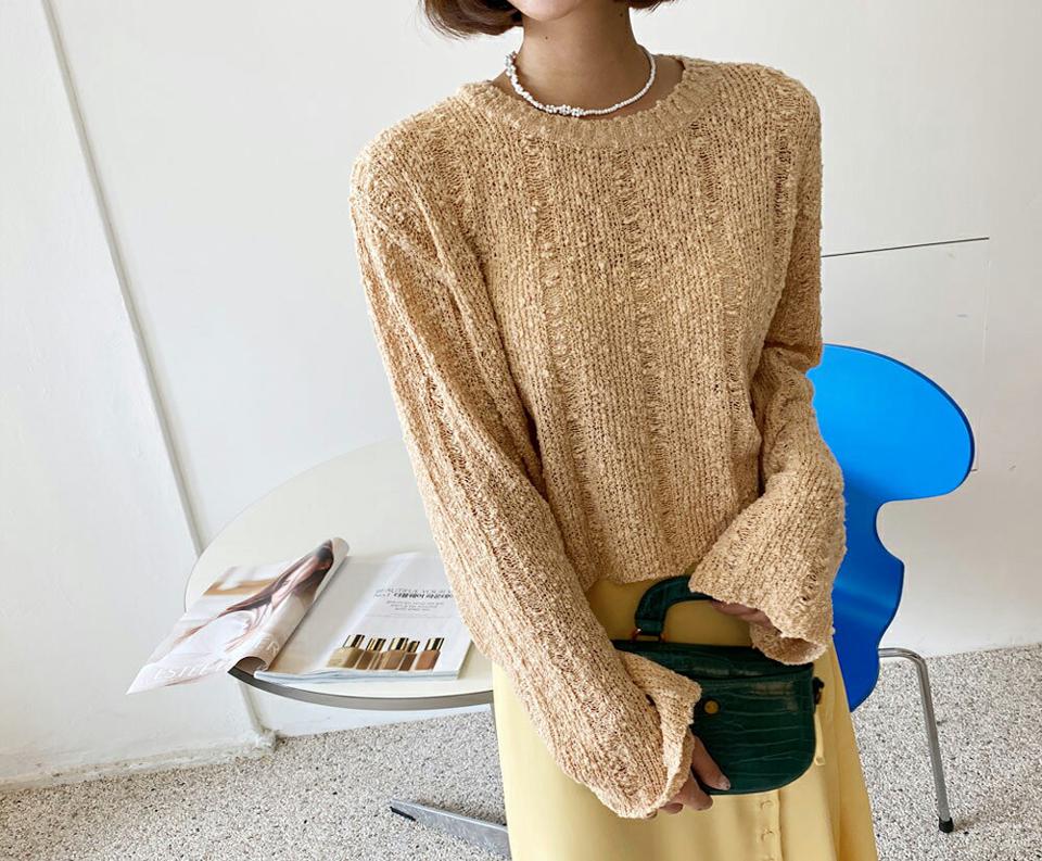 シアーラインクロップドニット・全7色・t62582 レディース 【tops】韓国 ファッション トップス ニット 長袖 シアー ルーズ ゆったり ラウンドネック クロップド丈 やわらかい ベーシック デイリー 体型カバー 細身 フェミニン 夏 春