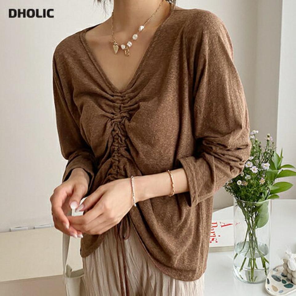 VネックストリングTシャツ・全4色・t62580 レディース 【tops】韓国 ファッション トップス Tシャツ 長袖 ストリング Vネック ルーズ ゆったり 楽ちん デコルテ 体型カーバー デイリー カジュアル 夏 春