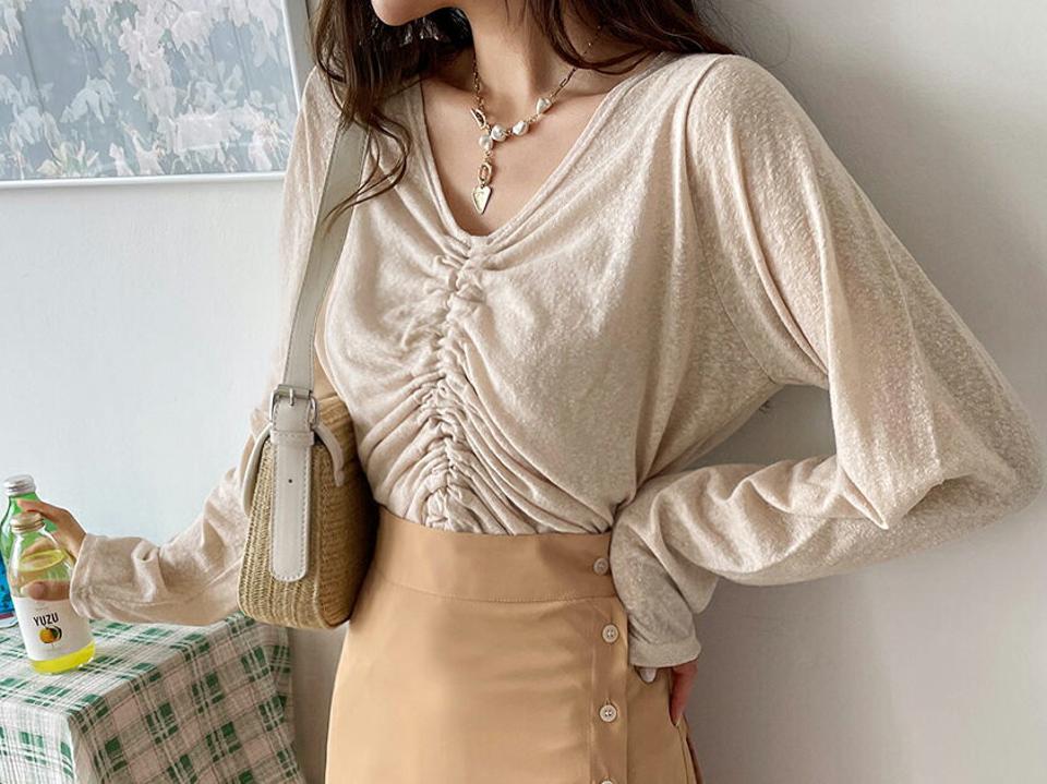 VネックストリングTシャツ・全4色・t62580 レディース 【tops】韓国 ファッション トップス Tシャツ 長袖 ストリング Vネック ルーズ ゆったり 楽ちん デコルテ 体型カーバー デイリー カジュアル 夏 春