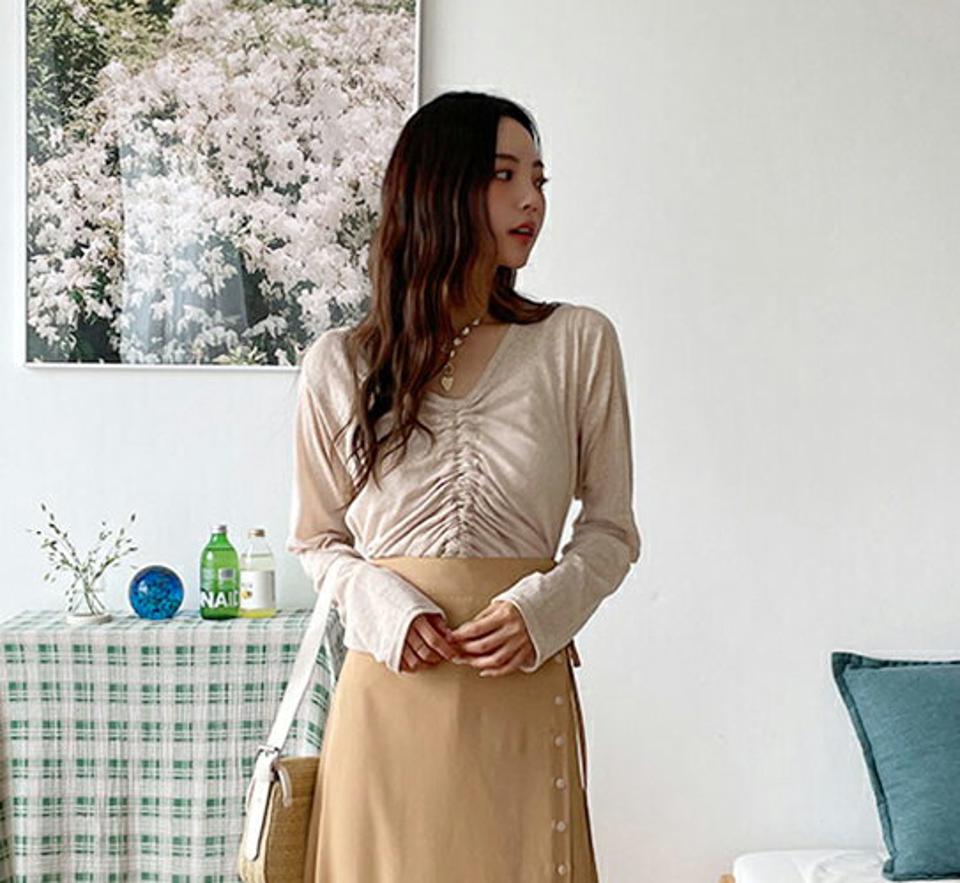 VネックストリングTシャツ・全4色・t62580 レディース 【tops】韓国 ファッション トップス Tシャツ 長袖 ストリング Vネック ルーズ ゆったり 楽ちん デコルテ 体型カーバー デイリー カジュアル 夏 春