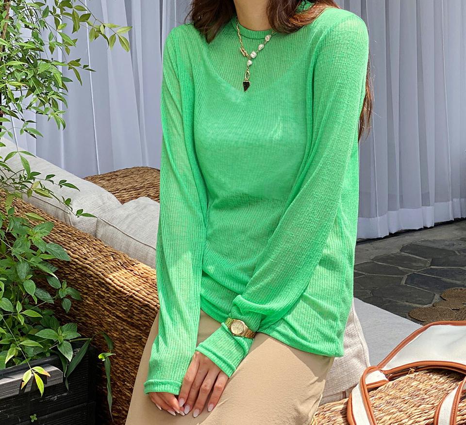 シースルーTシャツ・全4色・t62579 レディース 【tops】韓国 ファッション トップス Tシャツ 長袖 シースルー 透け感 ベーシック ラウンドネック スリム フィット リブ 体型カーバー デイリー カジュアル 夏 春