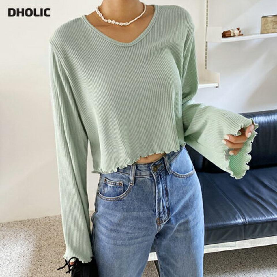 VネックメロウリブTシャツ・全4色・t62578 レディース 【tops】韓国 ファッション トップス Tシャツ 長袖 メロウヘム Vネック リブ クロップド丈 秋 楽ちん デコルテ 体型カーバー デイリー カジュアル 夏 春