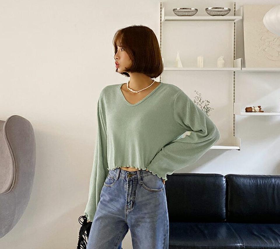VネックメロウリブTシャツ・全4色・t62578 レディース 【tops】韓国 ファッション トップス Tシャツ 長袖 メロウヘム Vネック リブ クロップド丈 秋 楽ちん デコルテ 体型カーバー デイリー カジュアル 夏 春