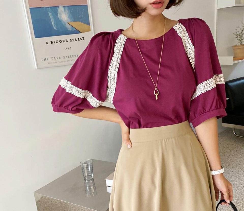 レース配色ラグランTシャツ・全3色・t62577 レディース 【tops】韓国 ファッション トップス Tシャツ 半袖 レース メリハリ 配色 ラウンドネック ラグラン ハーフスリーブ 楽ちん 体型カーバー デイリー ボリューム 夏 春