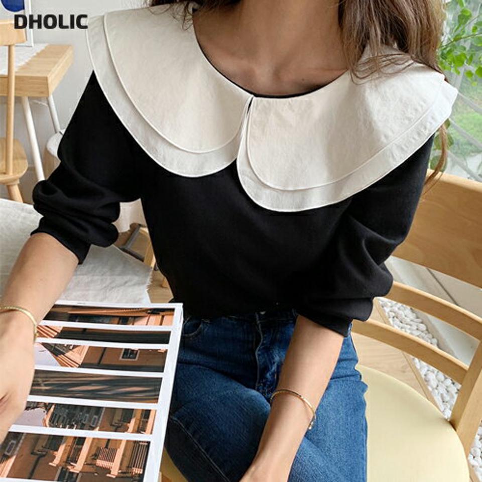 ダブルカラースウェット・全5色・t57904 レディース 【tops】韓国 ファッション トップス スウェット Tシャツ 長袖 秋 ダブルカラー ラウンドネック ビックカラー ルーズ ゆったり 体型カーバー デイリー 夏 春
