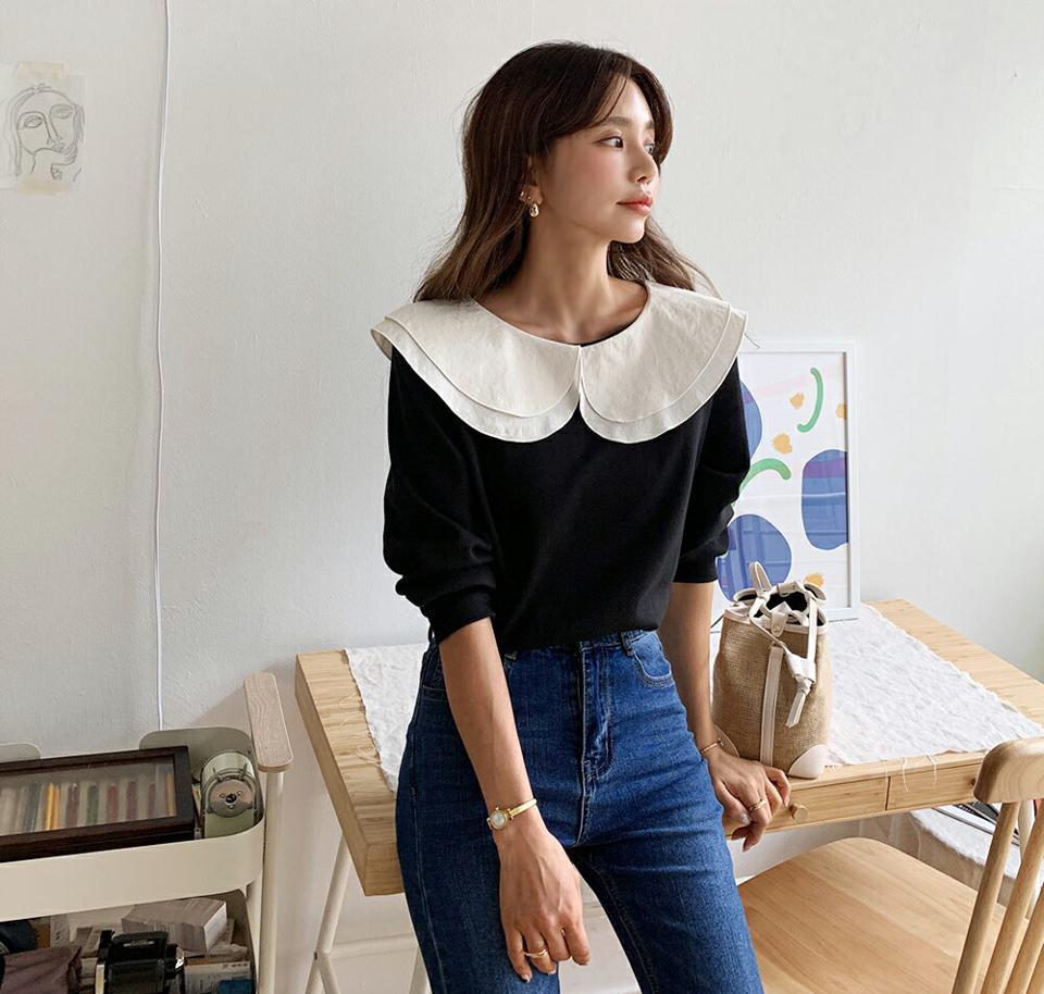 ダブルカラースウェット・全5色・t57904 レディース 【tops】韓国 ファッション トップス スウェット Tシャツ 長袖 秋 ダブルカラー ラウンドネック ビックカラー ルーズ ゆったり 体型カーバー デイリー 夏 春