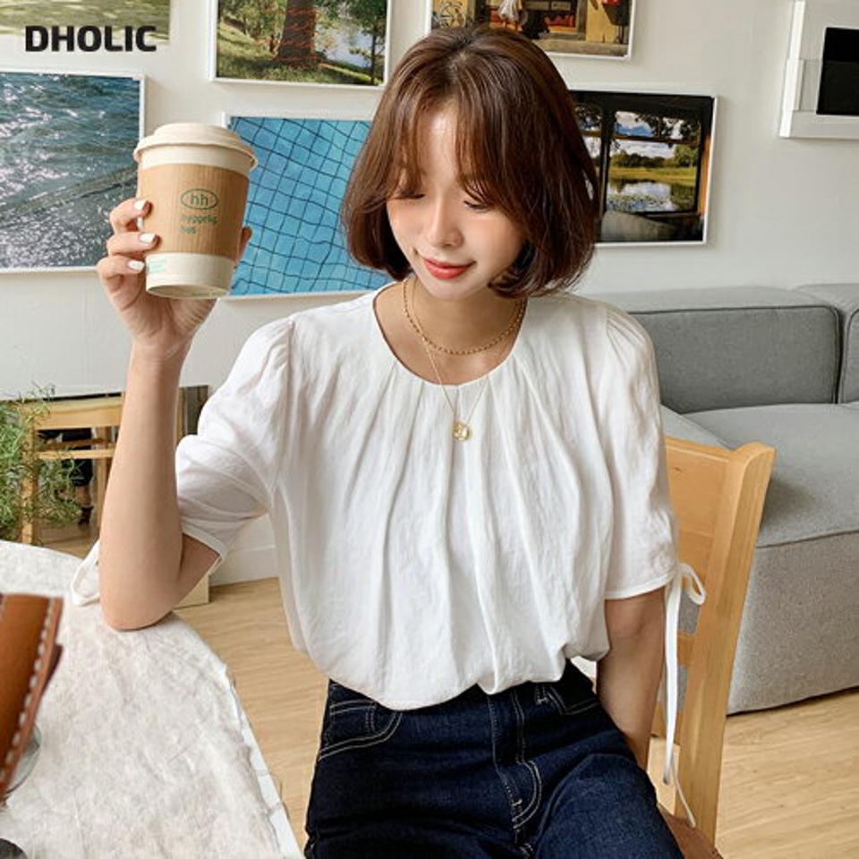 タックネックブラウス・全2色・t57905 レディース 【bl】韓国 ファッション トップス ブラウス 半袖 ルーズ ゆったり タック リボン ラウンドネック オフィスカジュアル オフィス 大人 フェミニン 上品 スリム 秋 夏 春