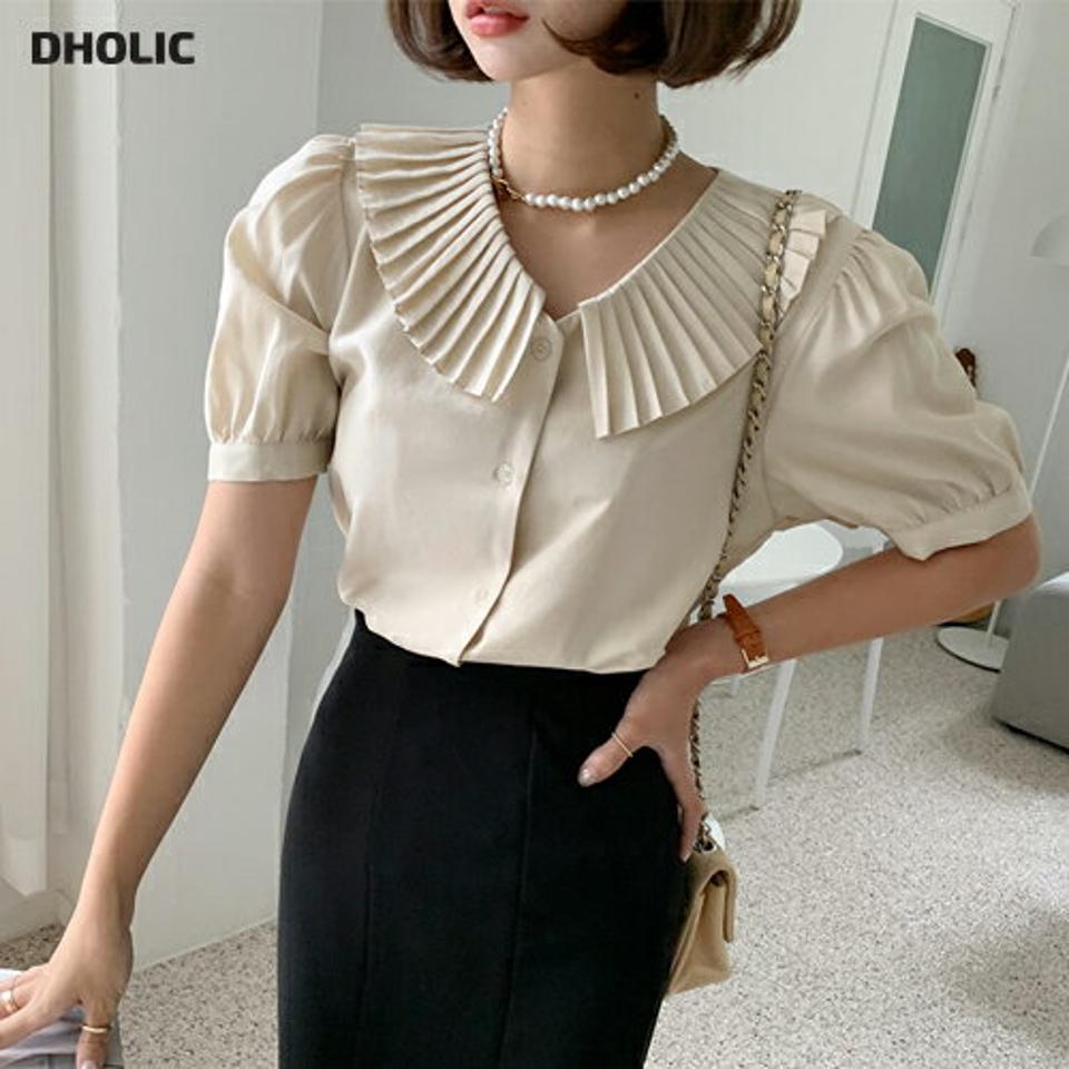 プリーツカラーブラウス・全3色・b57927 レディース 【bl】韓国 ファッション トップス ブラウス 長袖 ルーズ ゆったり ラウンドネック 大人 プリーツ ビックカラー ボタン フェミニン 上品 スリム 秋 夏 春