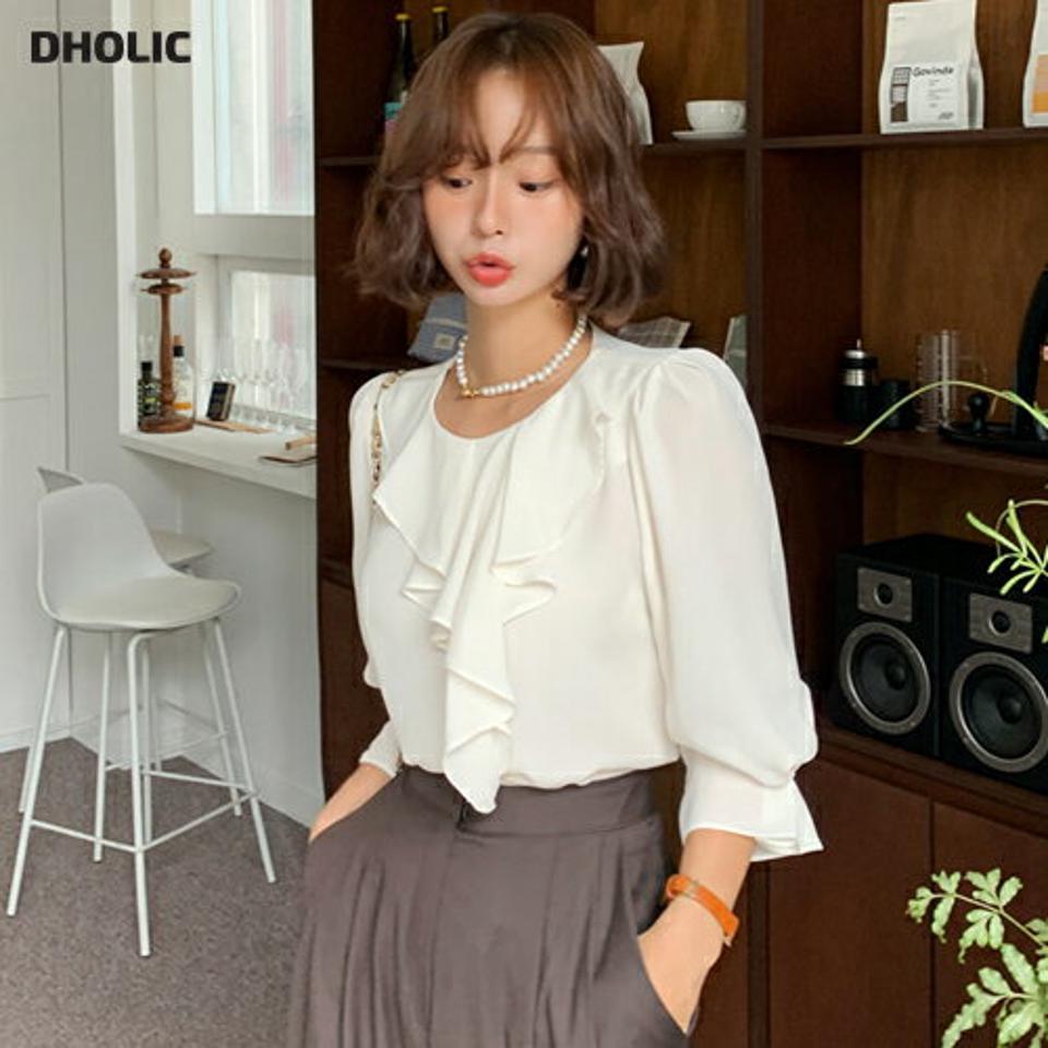 フリルラウンドネックブラウス・全3色・t57928 レディース 【bl】韓国ファッション トップス ブラウス 長袖 ルーズ ゆったり フリル ラウンドネック ボタン 大人 オフィスカジュアル オフィス フェミニン 上品 スリム 秋 夏 春