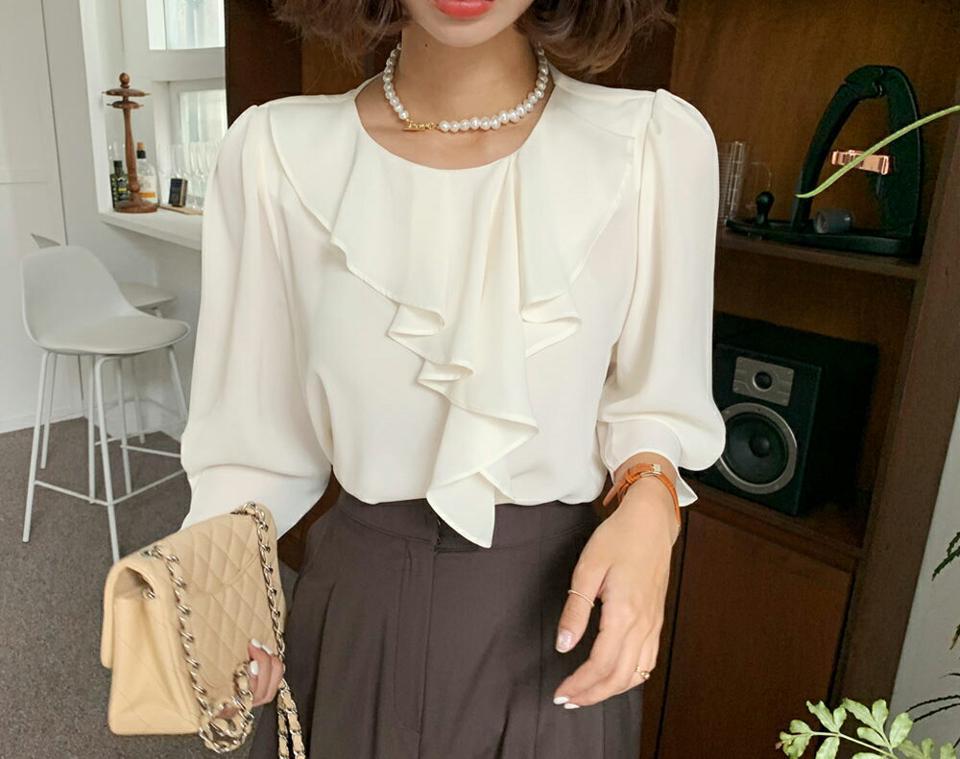 フリルラウンドネックブラウス・全3色・t57928 レディース 【bl】韓国ファッション トップス ブラウス 長袖 ルーズ ゆったり フリル ラウンドネック ボタン 大人 オフィスカジュアル オフィス フェミニン 上品 スリム 秋 夏 春