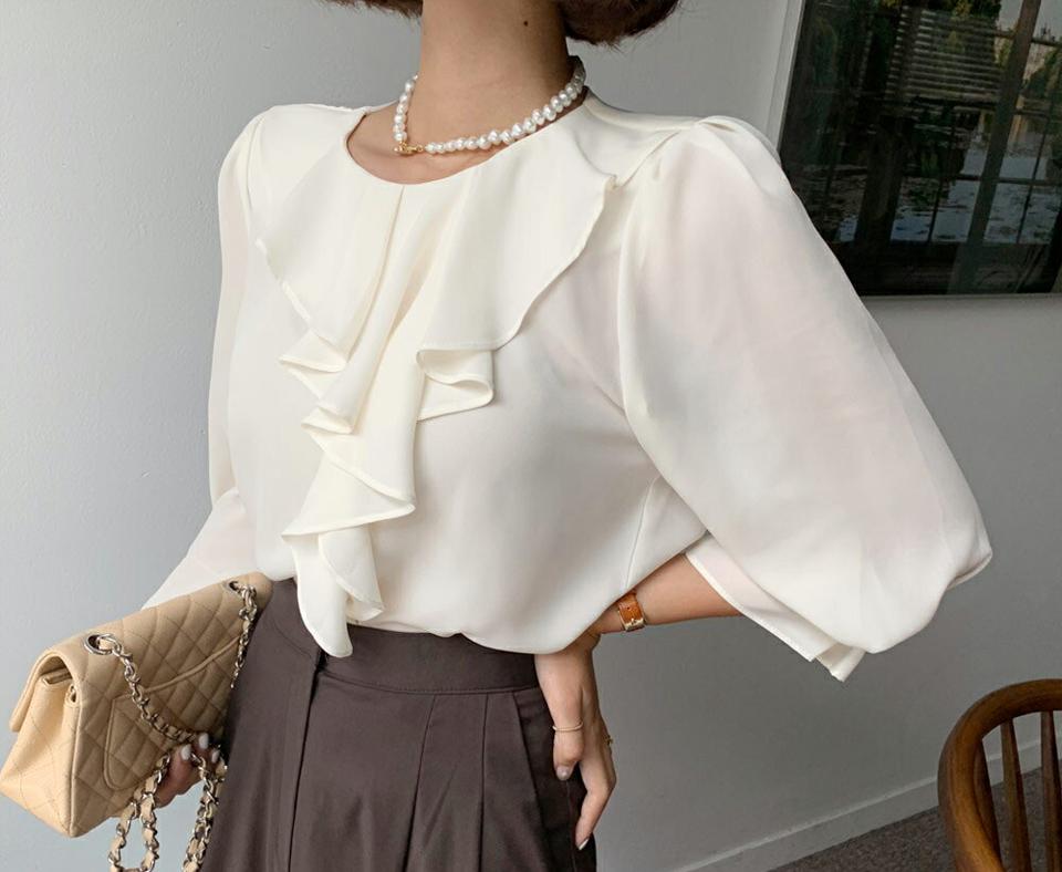 フリルラウンドネックブラウス・全3色・t57928 レディース 【bl】韓国ファッション トップス ブラウス 長袖 ルーズ ゆったり フリル ラウンドネック ボタン 大人 オフィスカジュアル オフィス フェミニン 上品 スリム 秋 夏 春