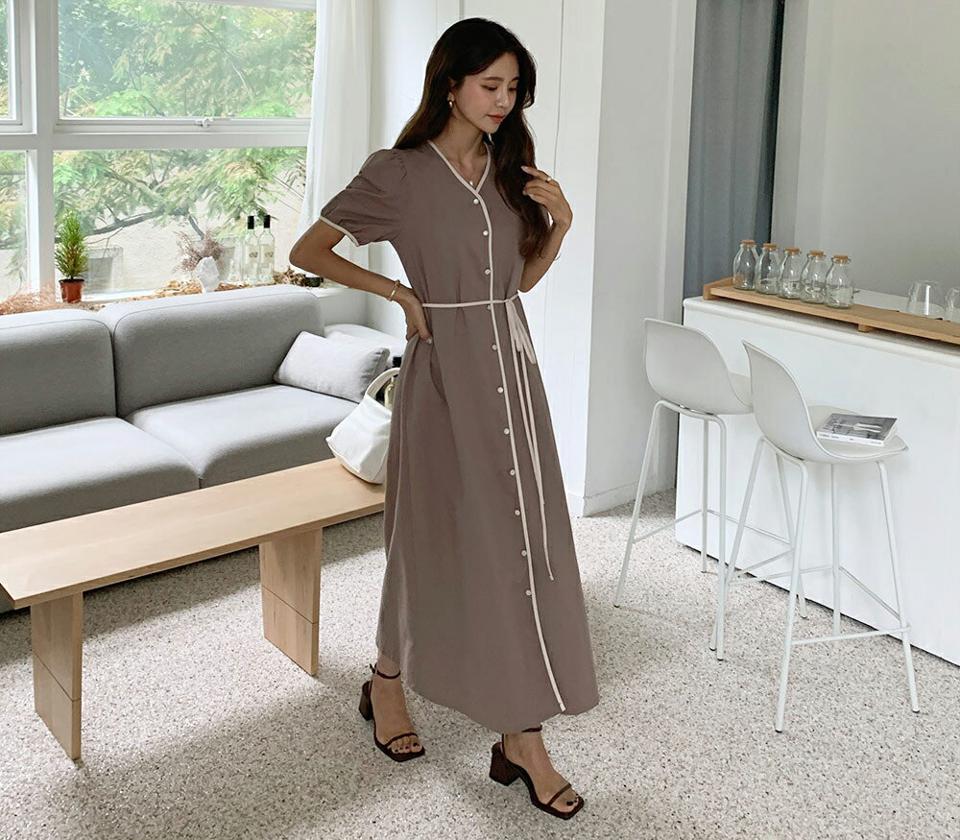 配色ボタンリボンワンピース・全2色・t57930 レディース 【ops】韓国 ファッション ワンピース ロング ロングワンピース 半袖 配色 ボタン リボン ライン パフスリーブ スリム 着痩せ 華奢見 カジュアル 体型カバー フェミニン 夏 春
