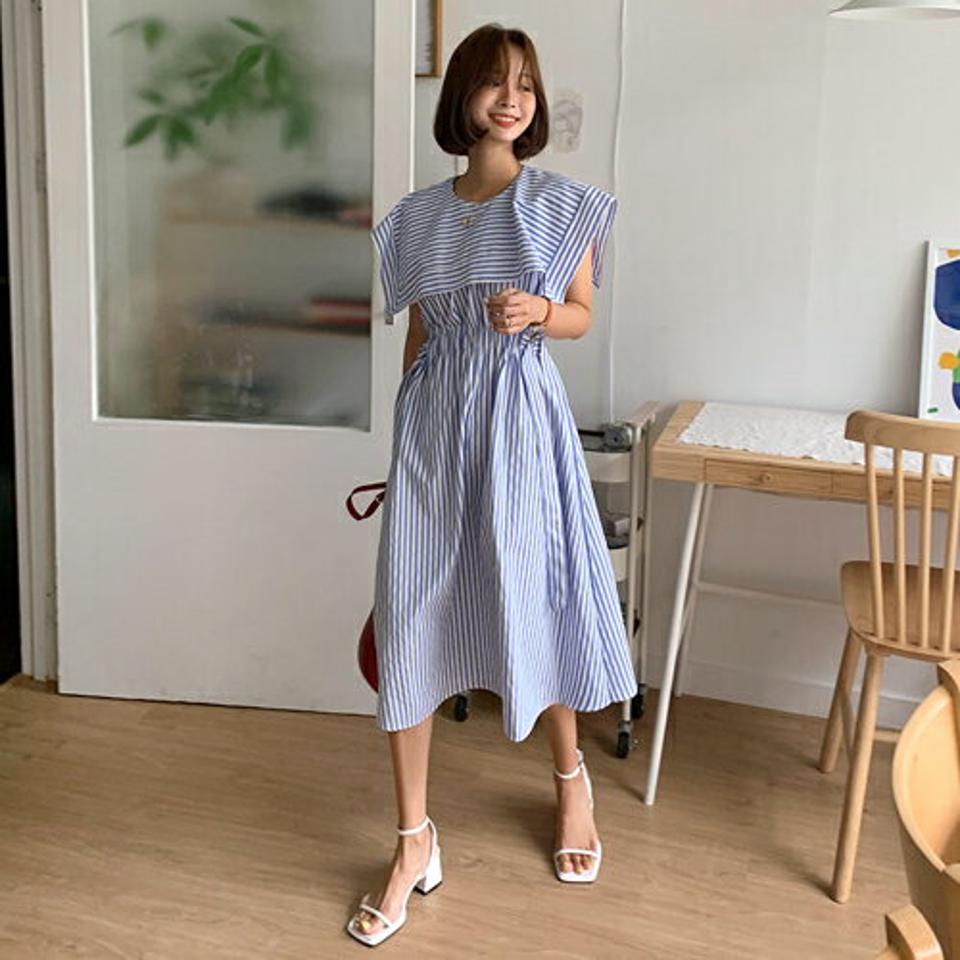 ストライプビッグカラーワンピース・全2色・b57916 レディース 【ops】韓国 ファッション ワンピース ロング ロングワンピース 半袖 襟 小顔 ビック襟 ビックカラー フレア ストライプ パターン ゴム Aライン スリム 着痩せ 華奢見 夏 春