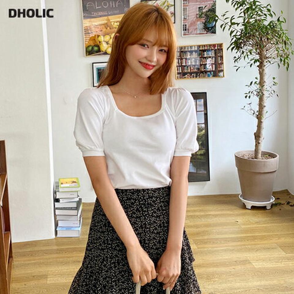 スクエアパフTシャツ・全4色・t00472 レディース 【tops】韓国 ファッション トップス Tシャツ 半袖 スクエアネック デコルテ スリム フィット ギャザー ベーシック コットン デイリー フェミニン シンプル ガーリー 春 夏 NIJU