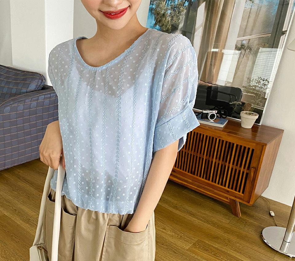 ドット刺繍ブラウス・全4色・t00506 レディース 【bl】韓国 ファッション トップス ブラウス 半袖 シンプル ドット 刺繍 Vネック バンドスリーブ ゴム フェミニン 上品 体型カバー 細身 ガーリー 春 夏 NIJU