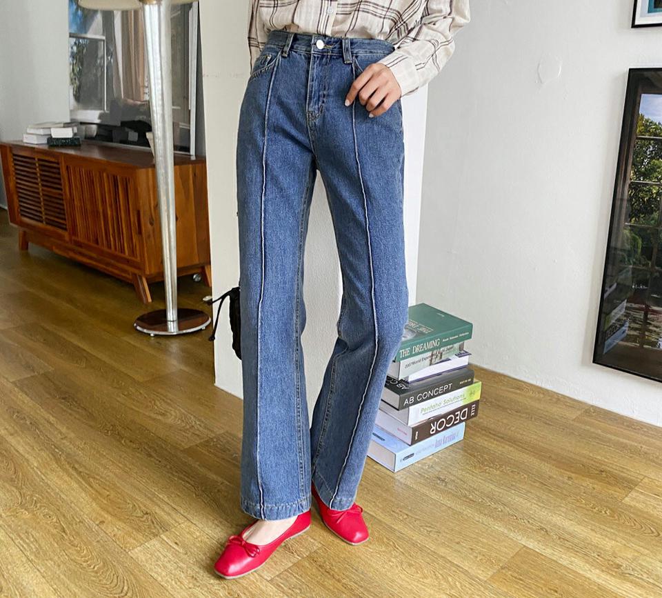 センタープレスフレアデニムパンツ・全1色・t00524 レディース 【pt】韓国ファッション ボトムス パンツ ロング ロングパンツ セミフレア フレア デニムパンツ デニム センタープレス コットン スリム ストレート 美脚 着痩せ 春 夏 NIJU