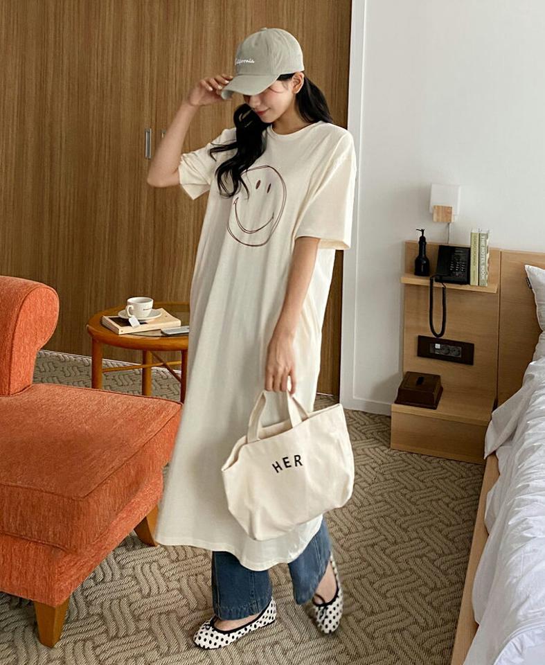 スマイルロングワンピース・全3色・t00517 レディース 【ops】韓国 ファッション ワンピース ロング ロングワンピース 半袖 スマイル プリント Hライン コットン ラウンドネック Tシャツ ルーズ 楽ちん スリム 体型カバー 春 夏 NIJU