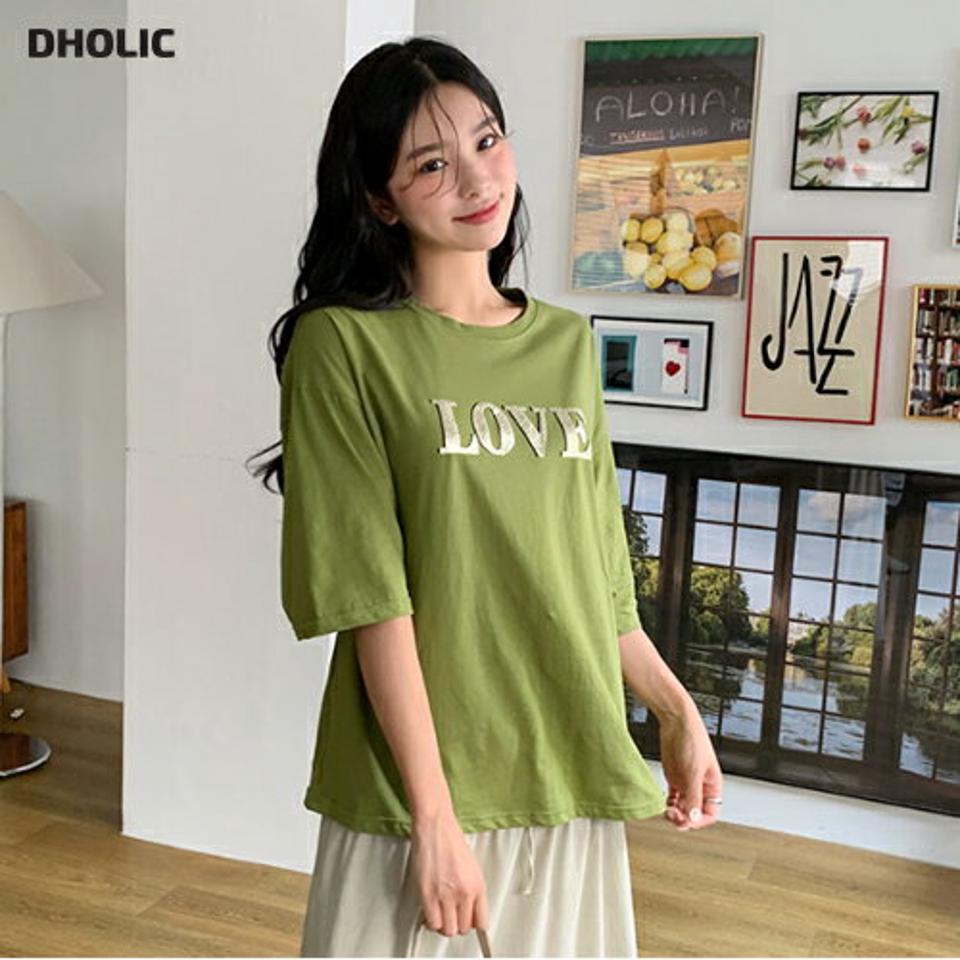 ラウンドLOVEロゴTシャツ・全3色・t00473 レディース 【tops】韓国 ファッション トップス Tシャツ 半袖 ロゴ コットン ロングシーズン ラウンドネック グロッシー ベーシック デイリー フェミニン シンプル ガーリー 春 夏 NIJU