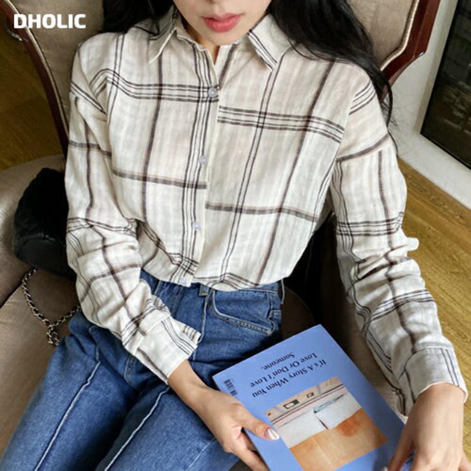 リネン混チェックシャツ・全4色・t00508 レディース 【bl】韓国 ファッション トップス シャツ 長袖 リネン チェック パターン ボタン クロップド丈 ラウンドヘム ルーズ ゆったり フェミニン 体型カバー 細身 春 夏 NIJU