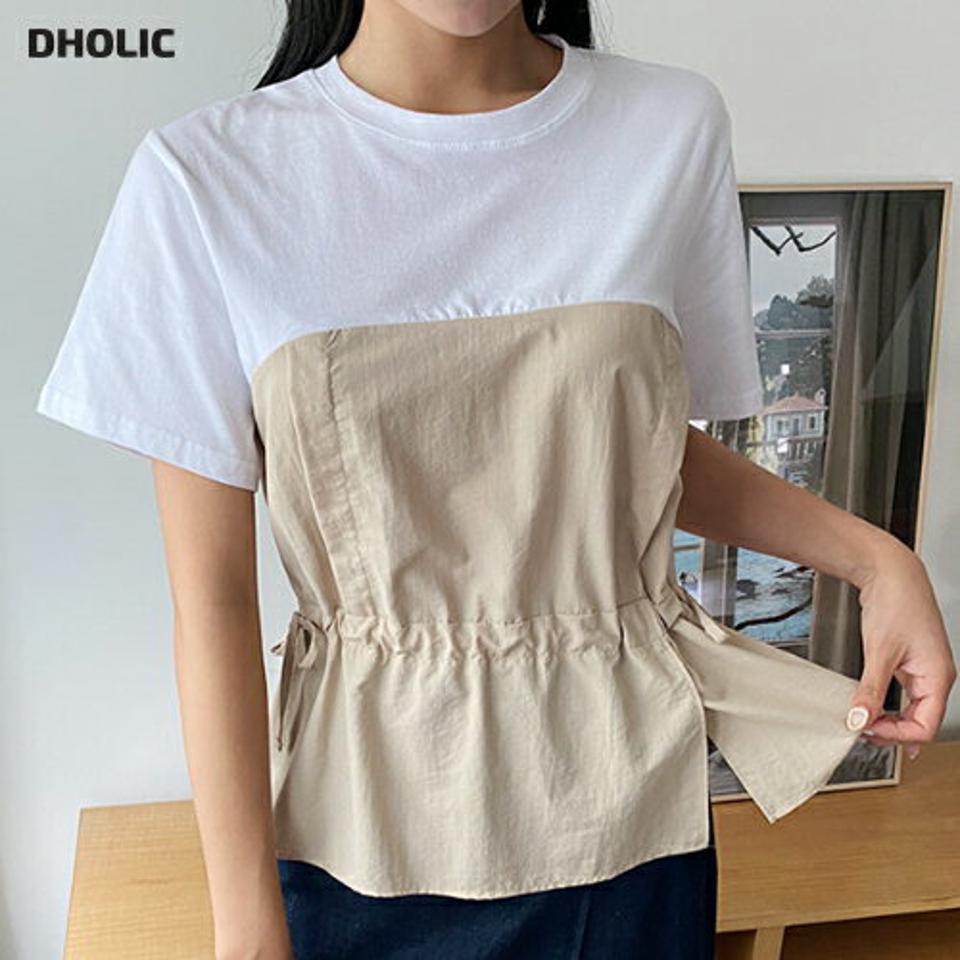 配色ドロストTシャツ・全3色・t00537 レディース 【tops】韓国 ファッション トップス Tシャツ 半袖 異素材 メリハリ 配色 ストリング ラウンドネック コットン スリット デイリー フェミニン シンプル ガーリー 春 夏 NIJU