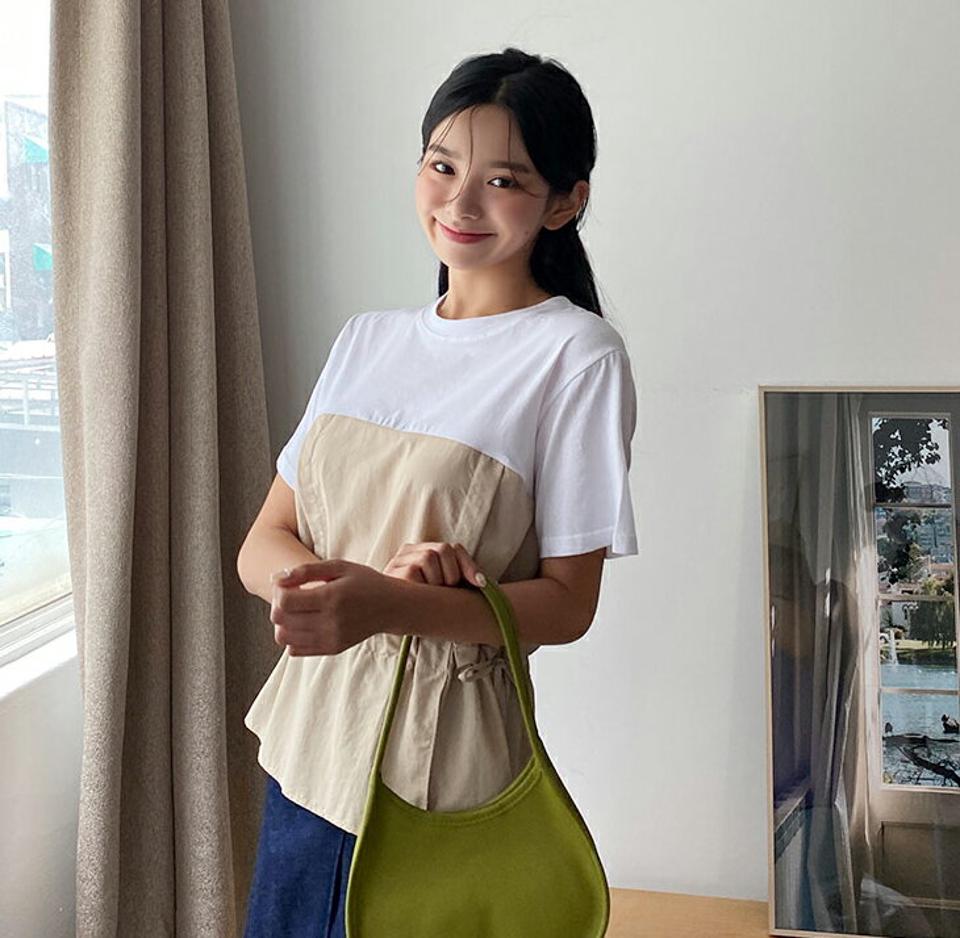 配色ドロストTシャツ・全3色・t00537 レディース 【tops】韓国 ファッション トップス Tシャツ 半袖 異素材 メリハリ 配色 ストリング ラウンドネック コットン スリット デイリー フェミニン シンプル ガーリー 春 夏 NIJU
