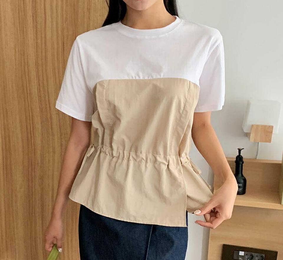 配色ドロストTシャツ・全3色・t00537 レディース 【tops】韓国 ファッション トップス Tシャツ 半袖 異素材 メリハリ 配色 ストリング ラウンドネック コットン スリット デイリー フェミニン シンプル ガーリー 春 夏 NIJU