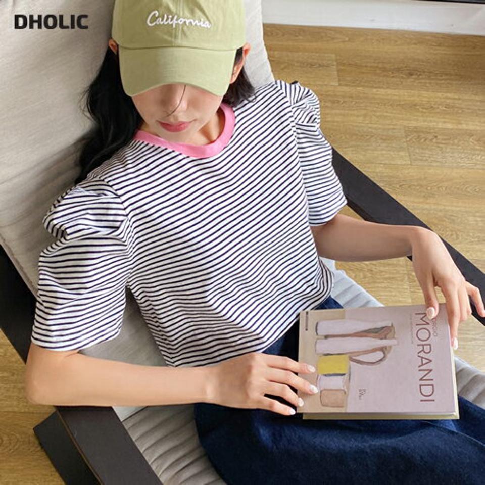 ネック配色ボーダーTシャツ・全3色・t00469 レディース 【tops】韓国 ファッション トップス Tシャツ 半袖 ラウンドネック 配色 ボーダー パターン コットン パフ ボリューム ベーシック デイリー フェミニン シンプル ガーリー 春 夏 NIJU