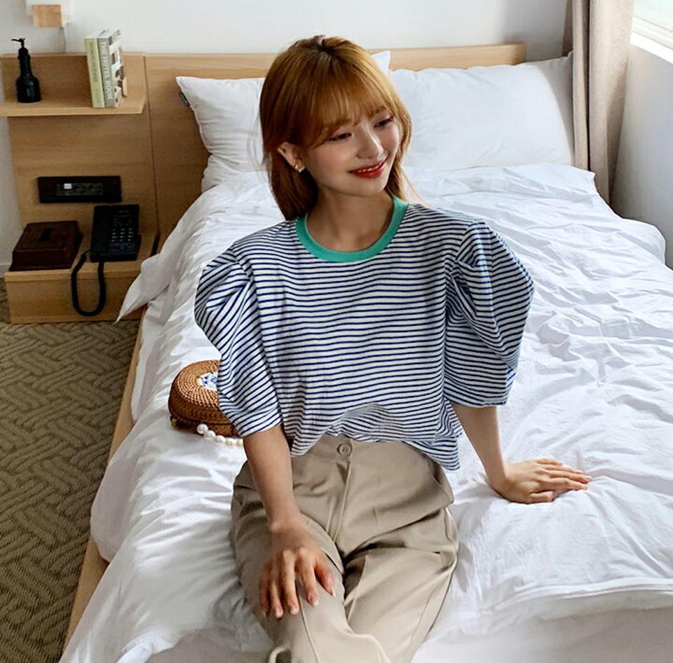 ネック配色ボーダーTシャツ・全3色・t00469 レディース 【tops】韓国 ファッション トップス Tシャツ 半袖 ラウンドネック 配色 ボーダー パターン コットン パフ ボリューム ベーシック デイリー フェミニン シンプル ガーリー 春 夏 NIJU