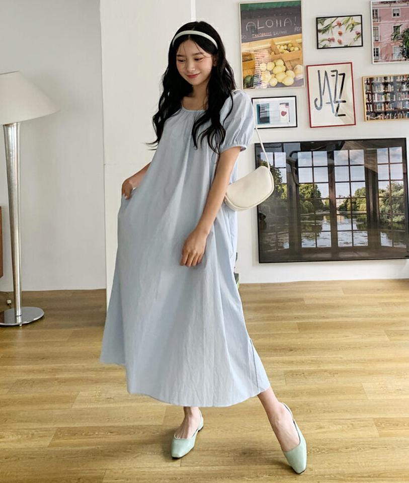 バックリボンギャザーワンピース・全2色・t00516 レディース 【ops】韓国 ファッション ワンピース ロング ロングワンピース 半袖 リボン バックリボン ギャザー パフスリーブ ラウンドネック ルーズ 楽ちん スリム 体型カバー 春 夏 NIJU