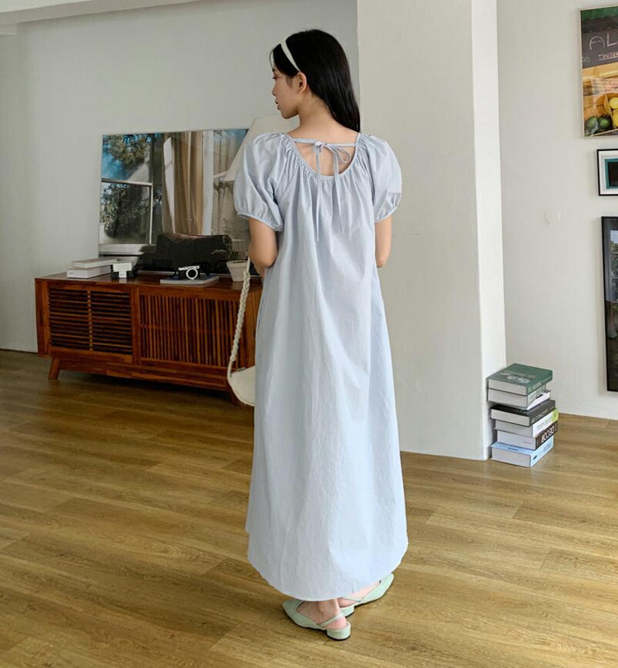 バックリボンギャザーワンピース・全2色・t00516 レディース 【ops】韓国 ファッション ワンピース ロング ロングワンピース 半袖 リボン バックリボン ギャザー パフスリーブ ラウンドネック ルーズ 楽ちん スリム 体型カバー 春 夏 NIJU