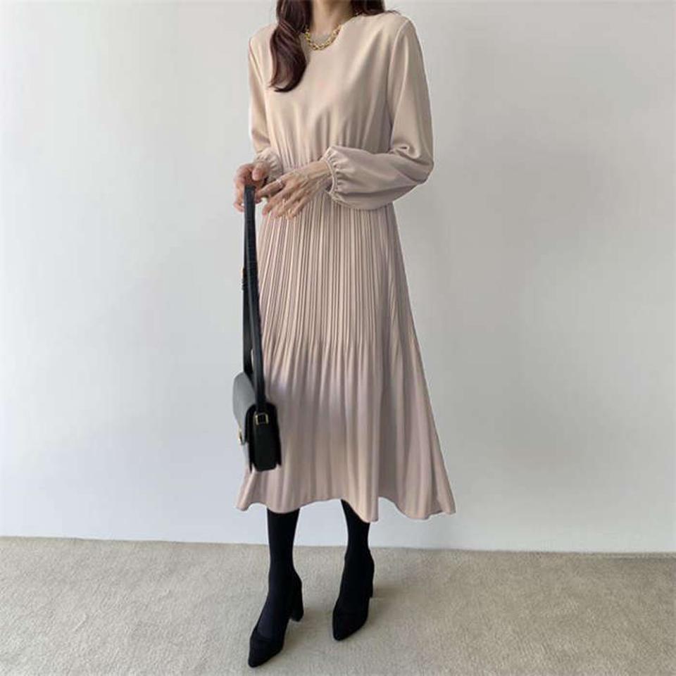 ワンピース 春夏 秋 レディース きれいめ 長袖 綿 楽ちん 体型カバー お洒落 ロング ワンピース ラウンドネック 無地 女性らしい エレガント 美しいライン 韓国風 デイリー デート 結婚式 パーティー 20代 30代 40代 50代 送料無料