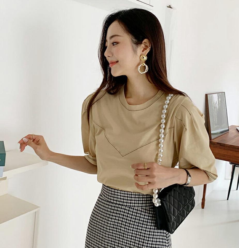 ステッチパフスリーブTシャツ・全4色・b65760 レディース 【tops】韓国 ファッション トップス Tシャツ 長袖 配色 ステッチ タック ボリューム パフスリーブ ガーリー ラウンドネック ベーシック デイリー 体型カバー 細身 フェミニン 夏 春