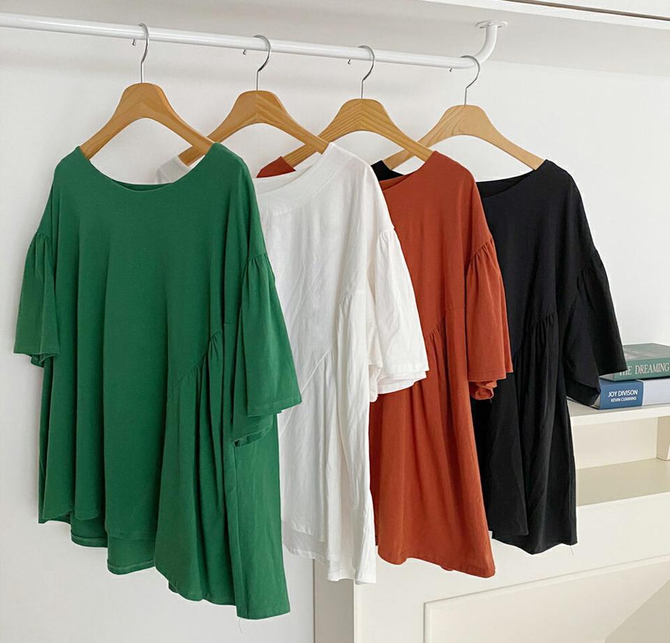 フレアスリーブTシャツ・全4色・t65761 レディース 【tops】韓国 ファッション トップス Tシャツ 半袖 ルーズ ラフ フレアスリーブ コットン 楽ちん ゆったり ラウンドネック ギャザー 体型カーバー デイリー ボリューム 夏 春
